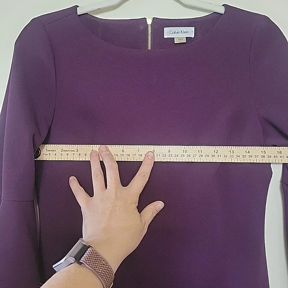 Calvin Klein Purple Midi Body Con Dress Bell 3/4 Sleeves Wedding Guest Size 6 - Picture 4 of 8